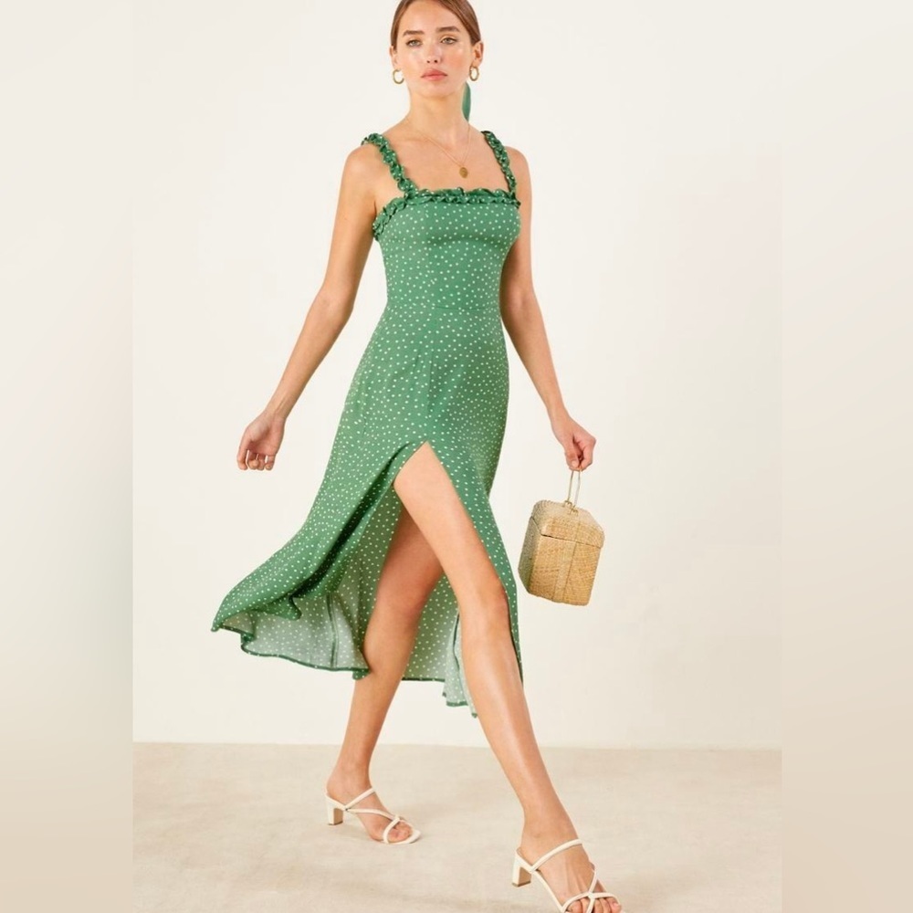Reformation Arielle Green Polka Dot Midi Dress, Ruffle Neckline, Size 2